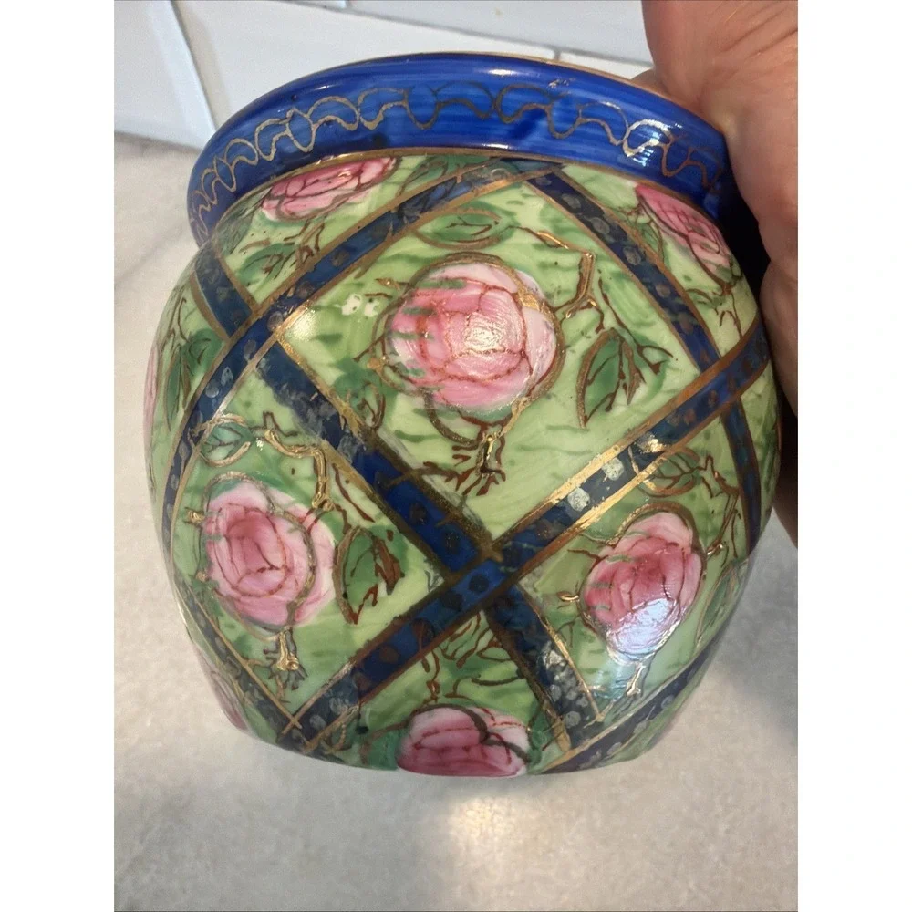 Lemax Ceramic Flower Pot Vase Green/blue/pink Roses Garden Gold Gilt 4